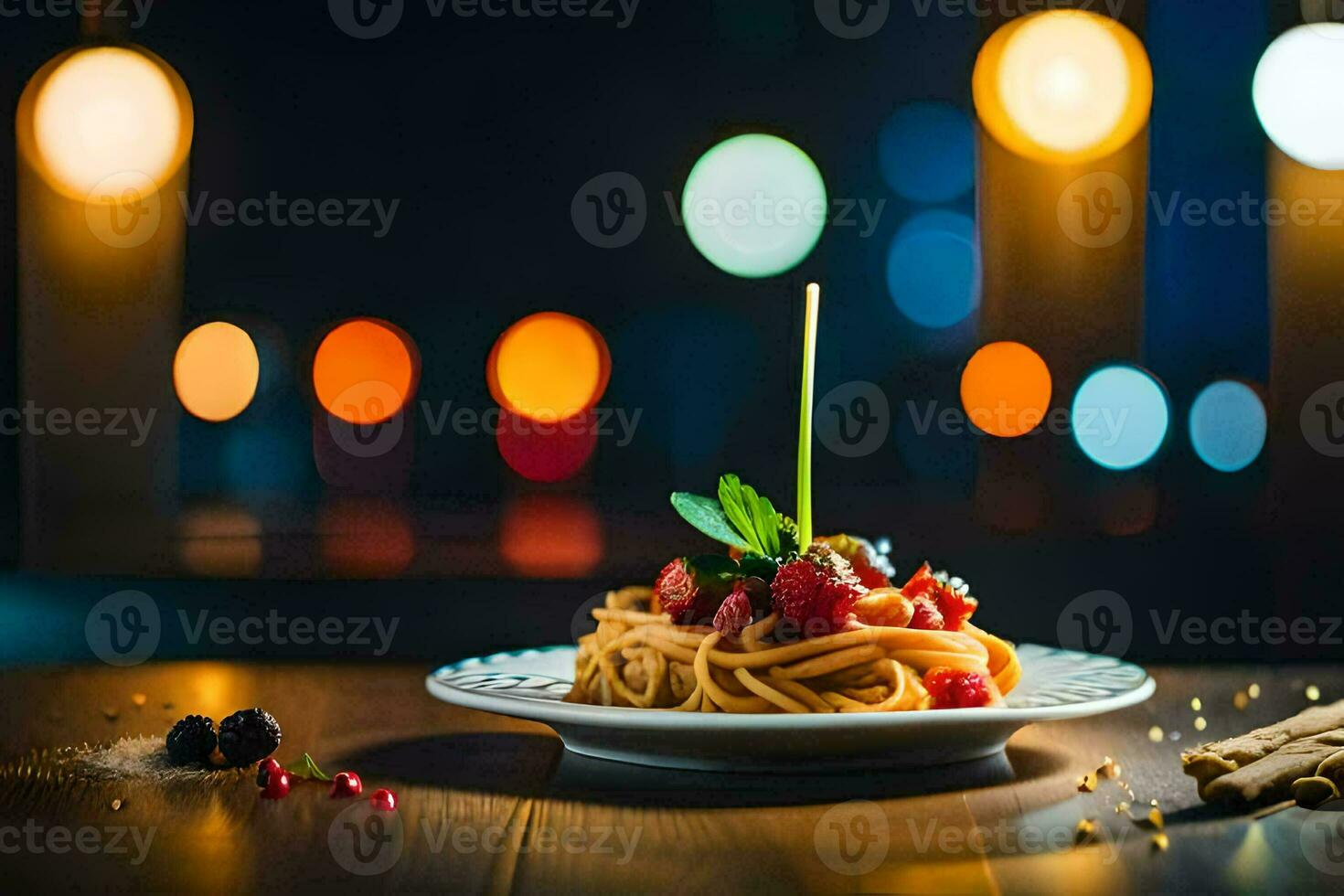 a plate of spaghetti with berries and a candle on a table. AI-Generated photo