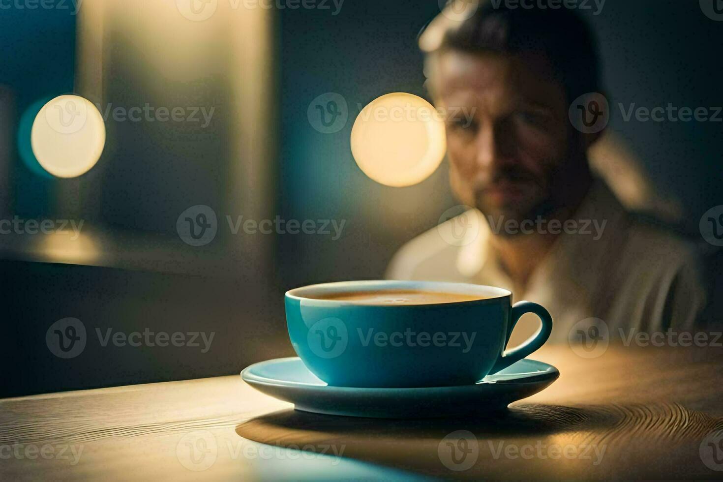 a man sitting at a table with a cup of coffee. AI-Generated photo