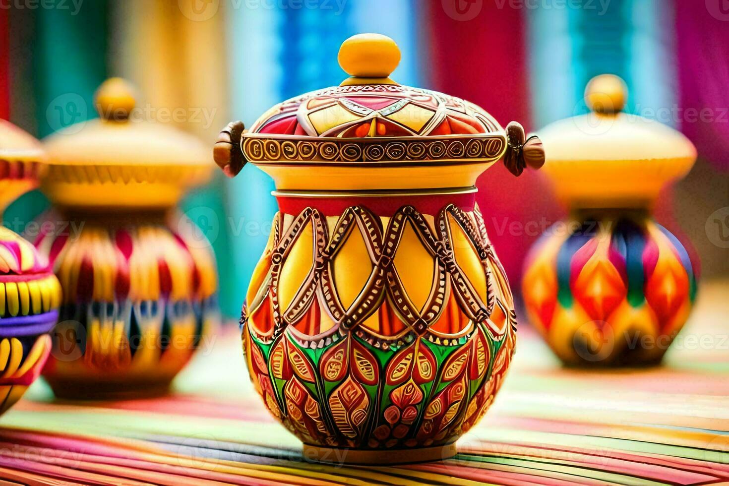 colorful vases on a colorful tablecloth. AI-Generated photo