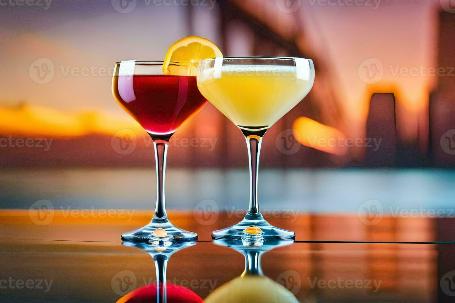two glasses of cocktails with a sunset in the background. AI-Generated photo