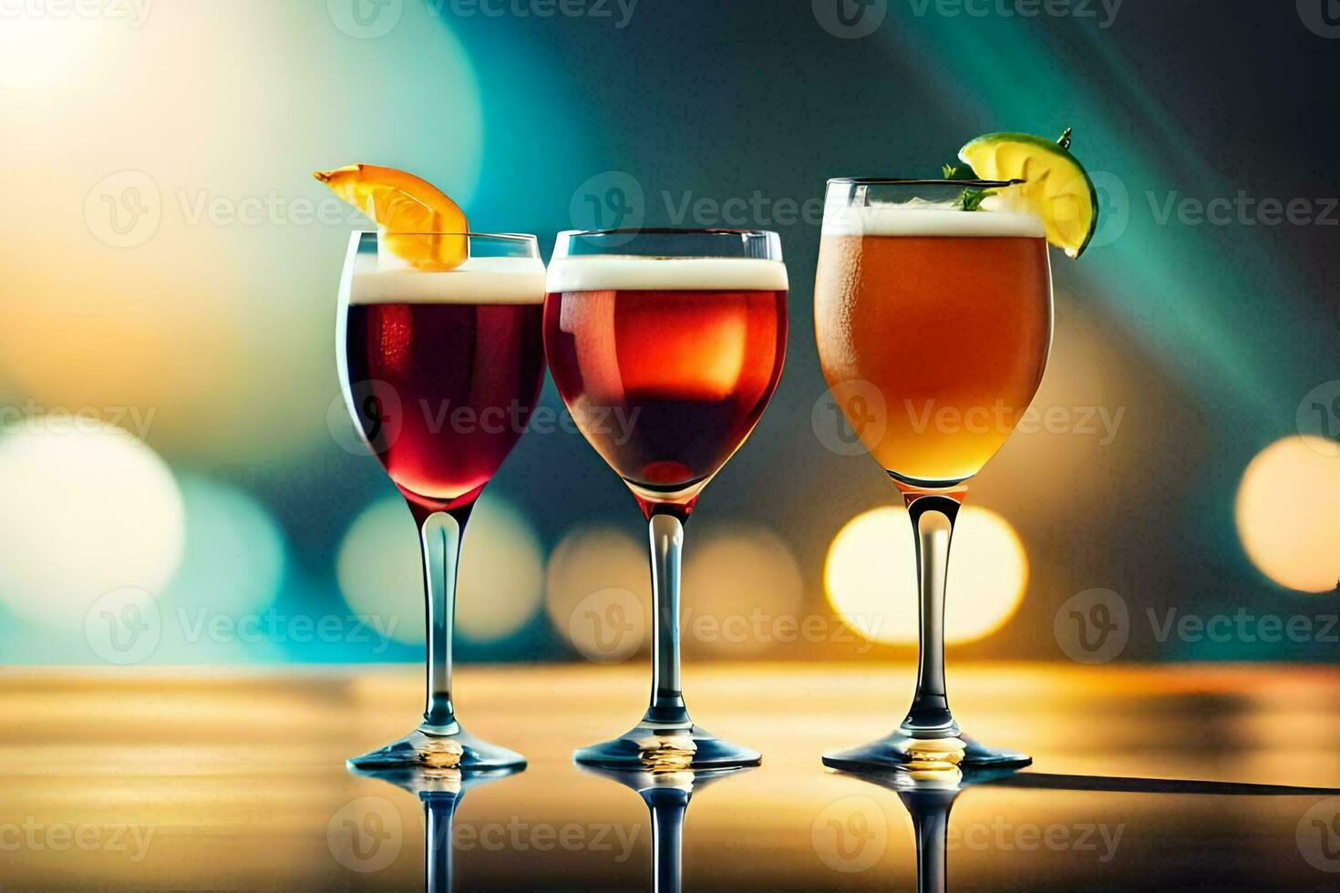 three glasses of different drinks on a table. AI-Generated photo
