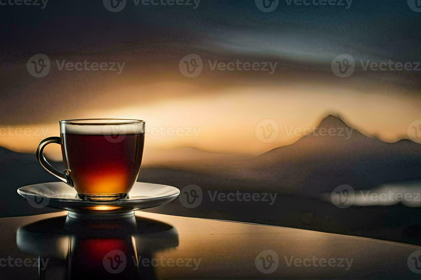 a cup of tea sits on a saucer in front of a mountain. AI-Generated photo