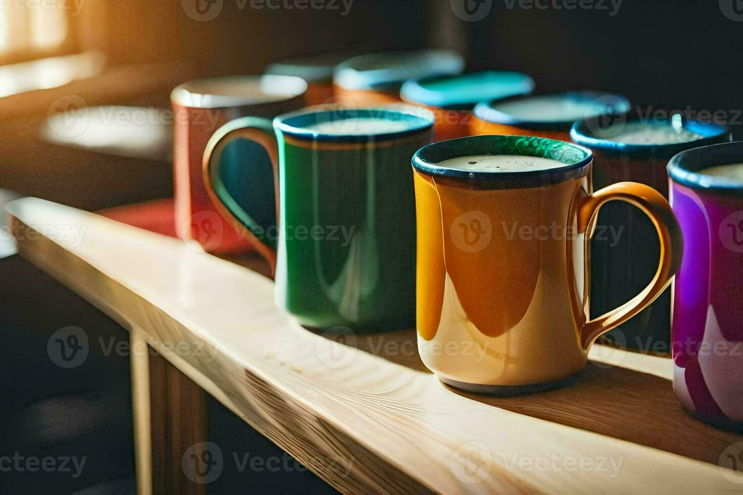 colorful coffee mugs on a wooden table. AI-Generated photo