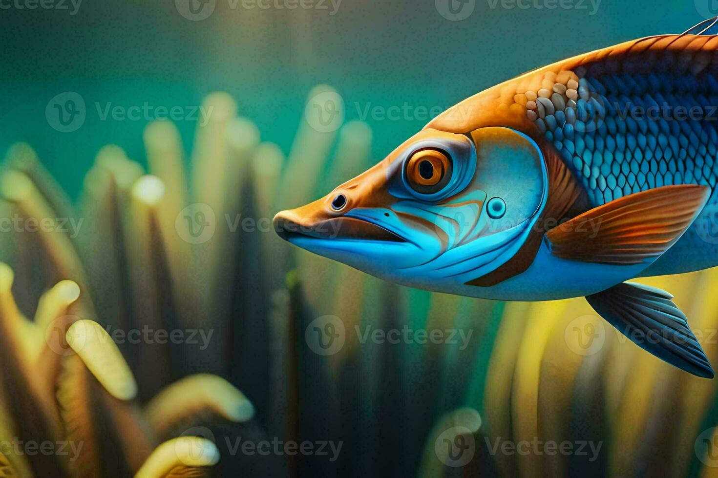 an artistic painting of a fish swimming in the ocean. AI-Generated photo