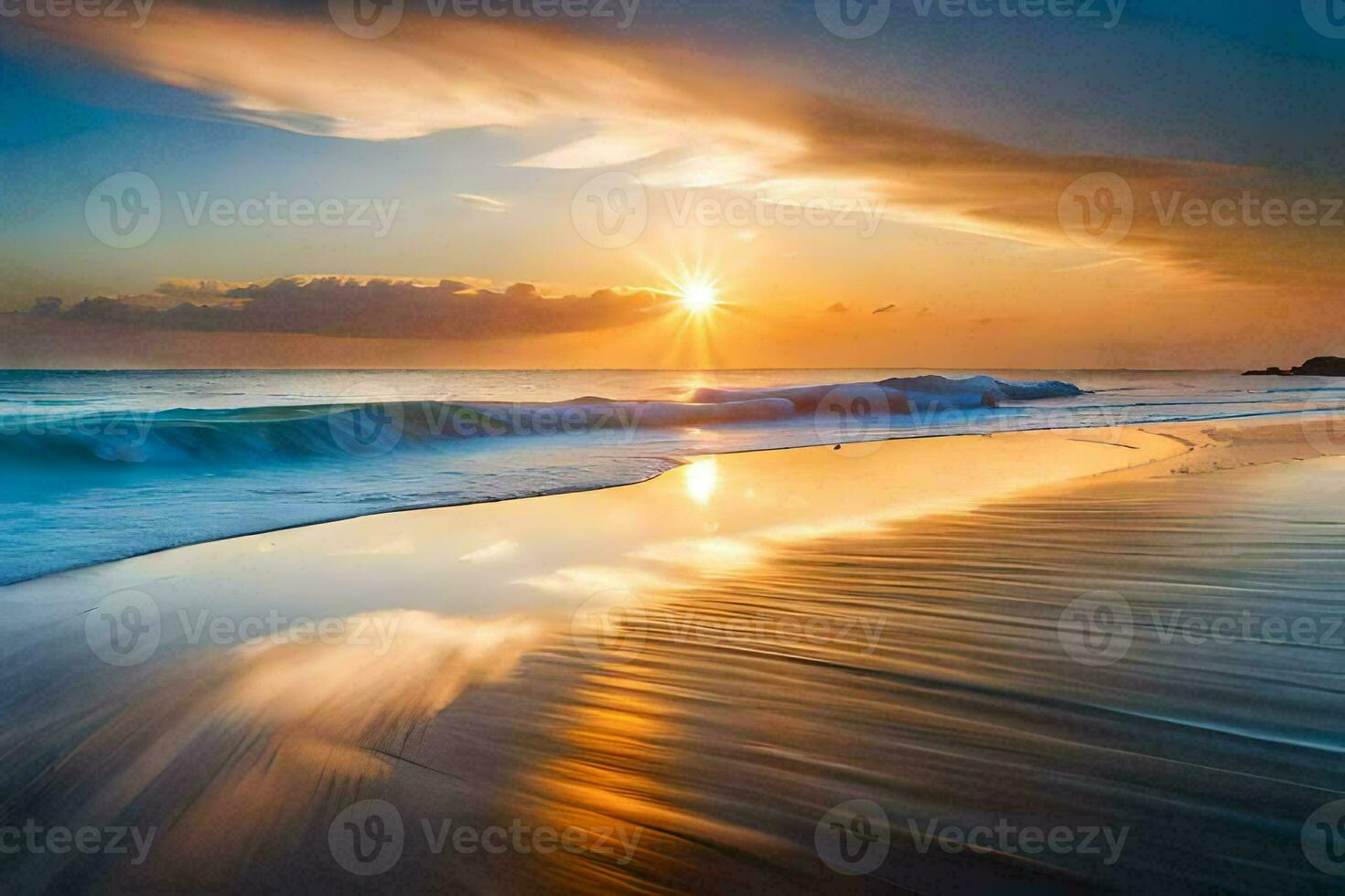 the sun rises over the ocean and waves on a beach. AI-Generated photo