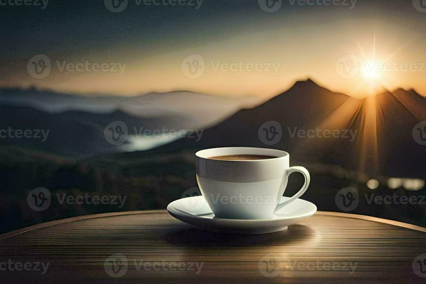 Hot coffee mug on table with high mountain view in the morning. Ai  generated 31708803 Stock Photo at Vecteezy