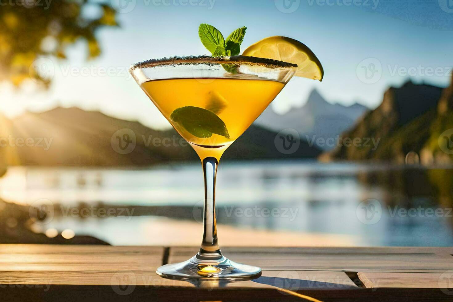 a cocktail with a lime and mint on a table in front of a lake. AI-Generated photo