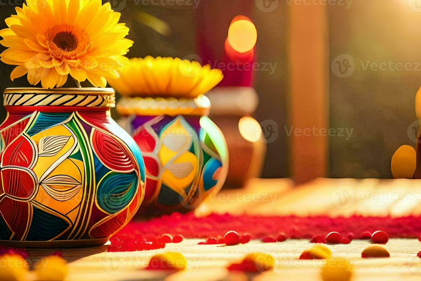 colorful vases with yellow flowers on a wooden table. AI-Generated photo