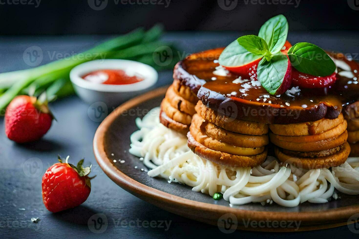 a plate of noodles with sauce and strawberries. AI-Generated photo