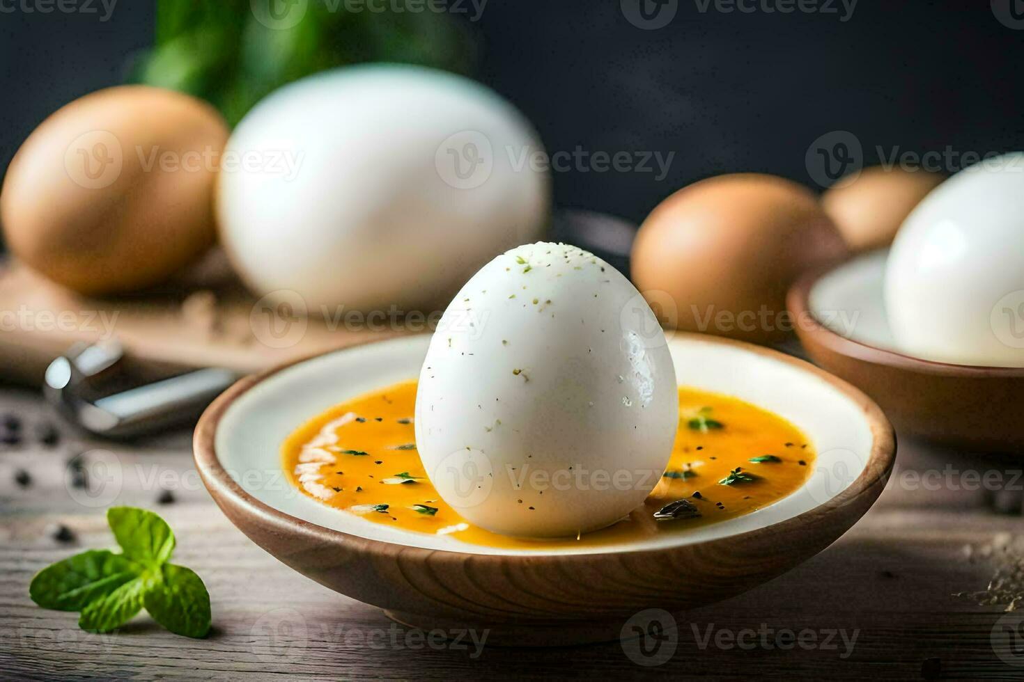 eggs in a bowl with sauce and spices. AI-Generated photo
