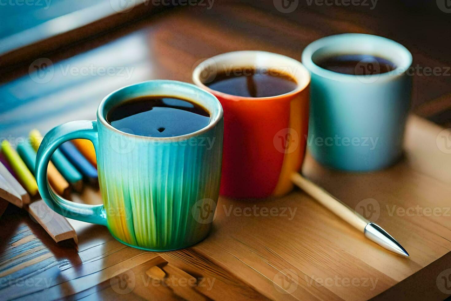 two colorful coffee mugs sit on a wooden table. AI-Generated photo