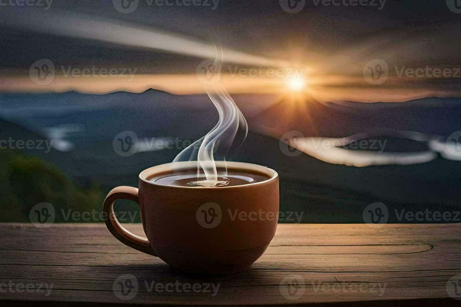 coffee cup on the table with mountains in the background. AI-Generated photo