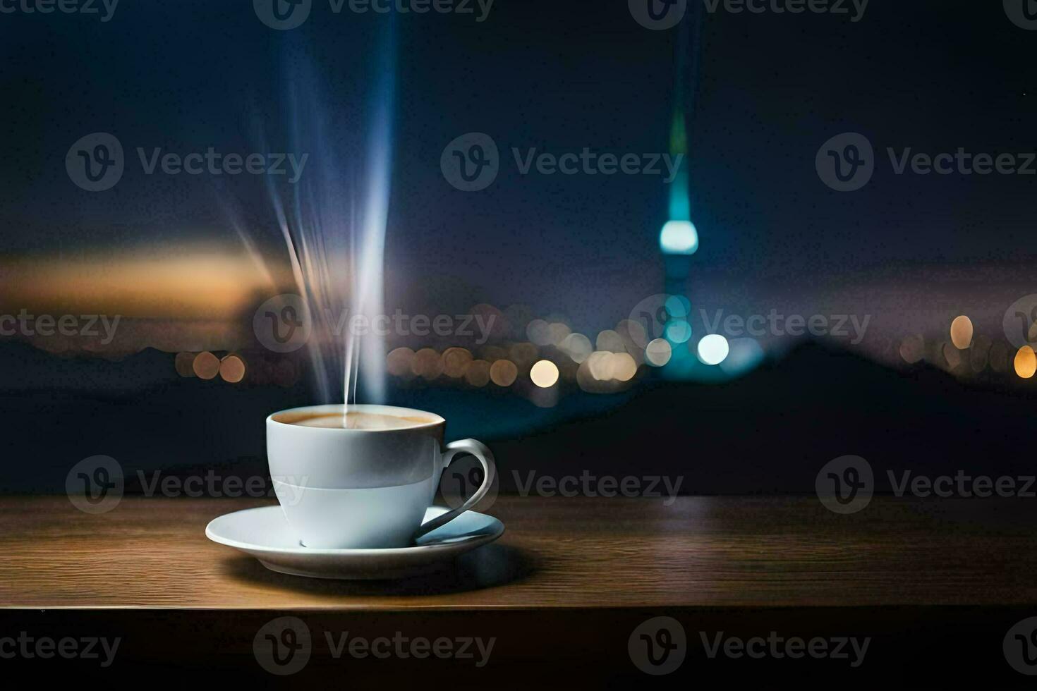 a cup of coffee on a table in front of a cityscape. AI-Generated photo