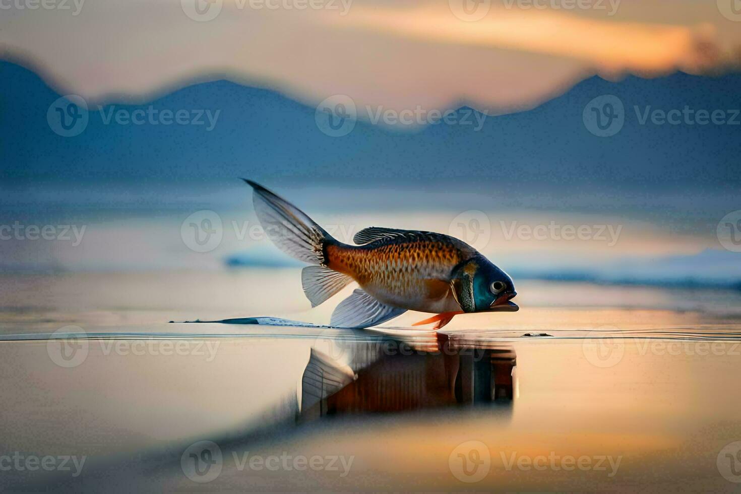 a fish is walking on the beach at sunset. AI-Generated photo