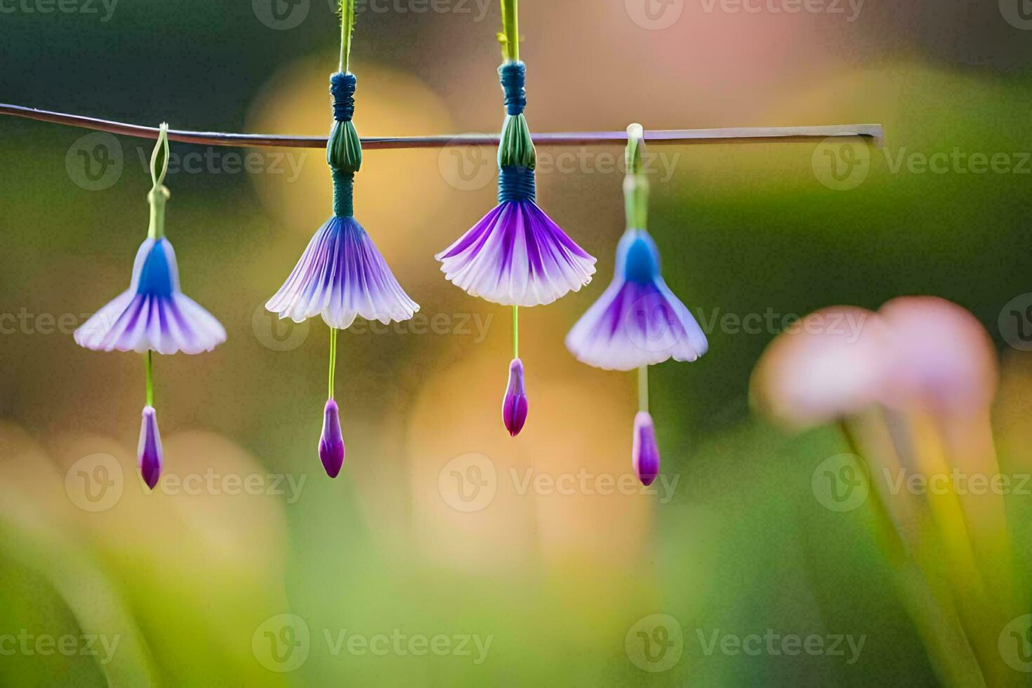 three purple flowers hang from a branch. AI-Generated photo