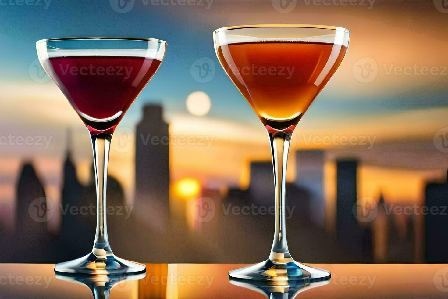 two glasses of wine with cityscape in the background. AI-Generated photo