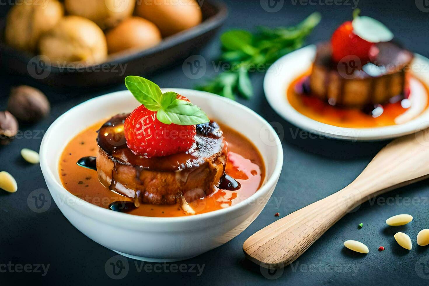 two small bowls with dessert and nuts. AI-Generated photo