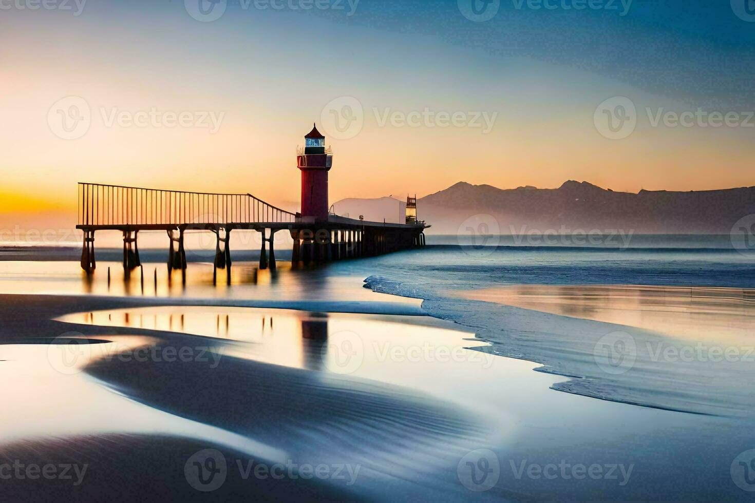 a lighthouse stands on the beach at sunset. AI-Generated photo