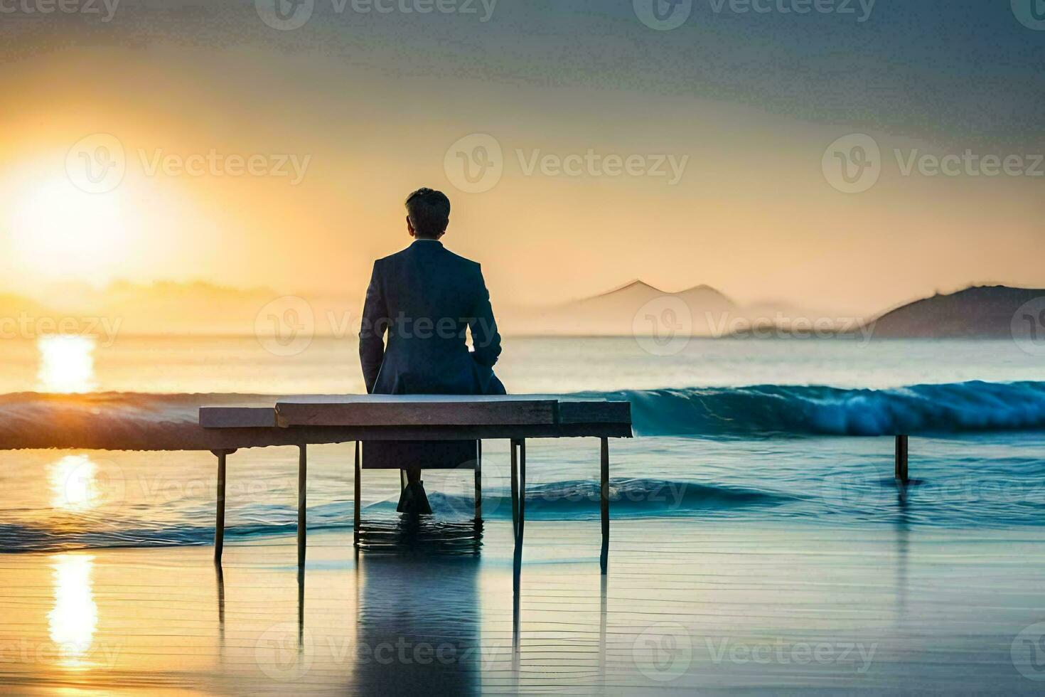 a man in a suit sits on a bench at the beach. AI-Generated photo
