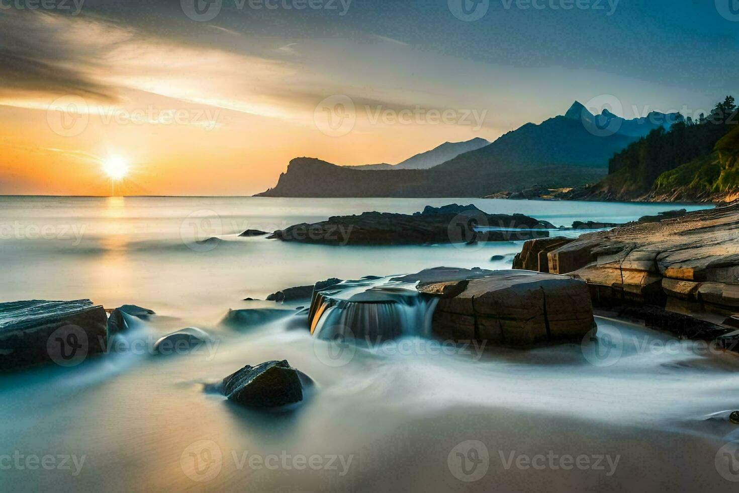 the sun sets over a rocky beach and mountains. AI-Generated photo