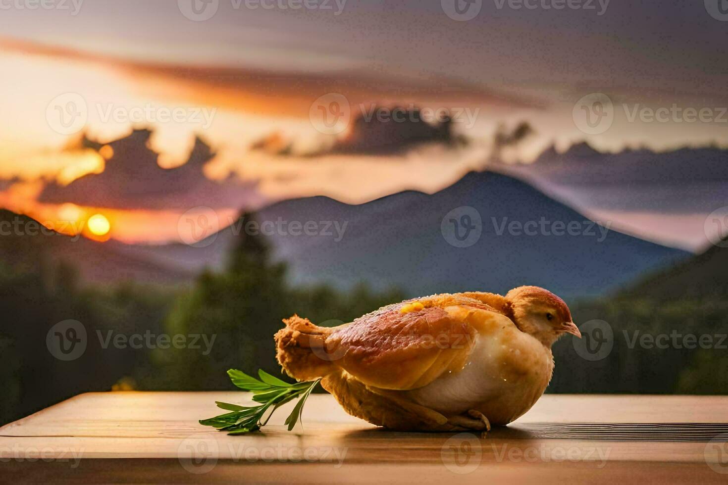 a chicken is sitting on a table with a sunset in the background. AI-Generated photo