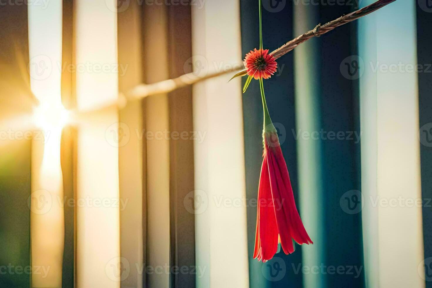 a red flower hanging from a wire. AI-Generated photo