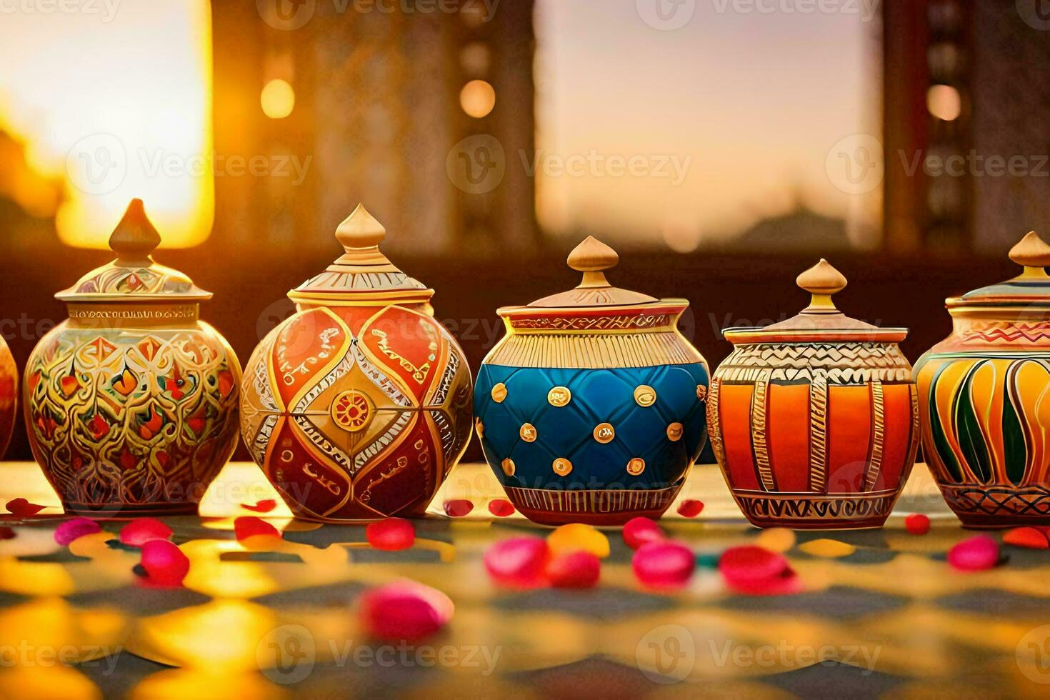 five colorful pots on a table with a sunset in the background. AI-Generated photo