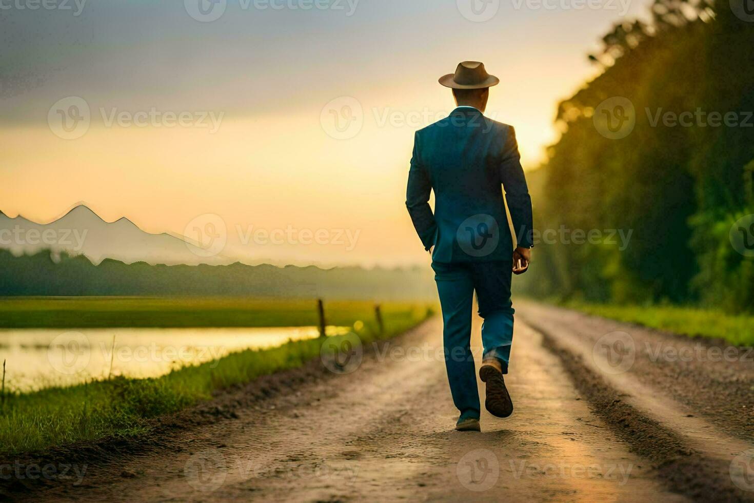 a man in a suit and hat walking down a road. AI-Generated photo