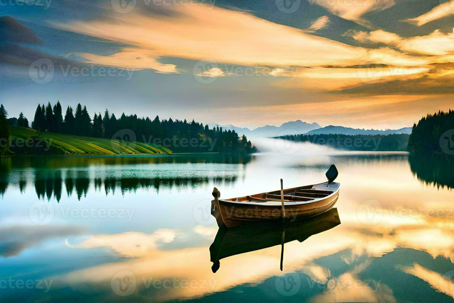 a boat is floating on a lake at sunset. AI-Generated photo