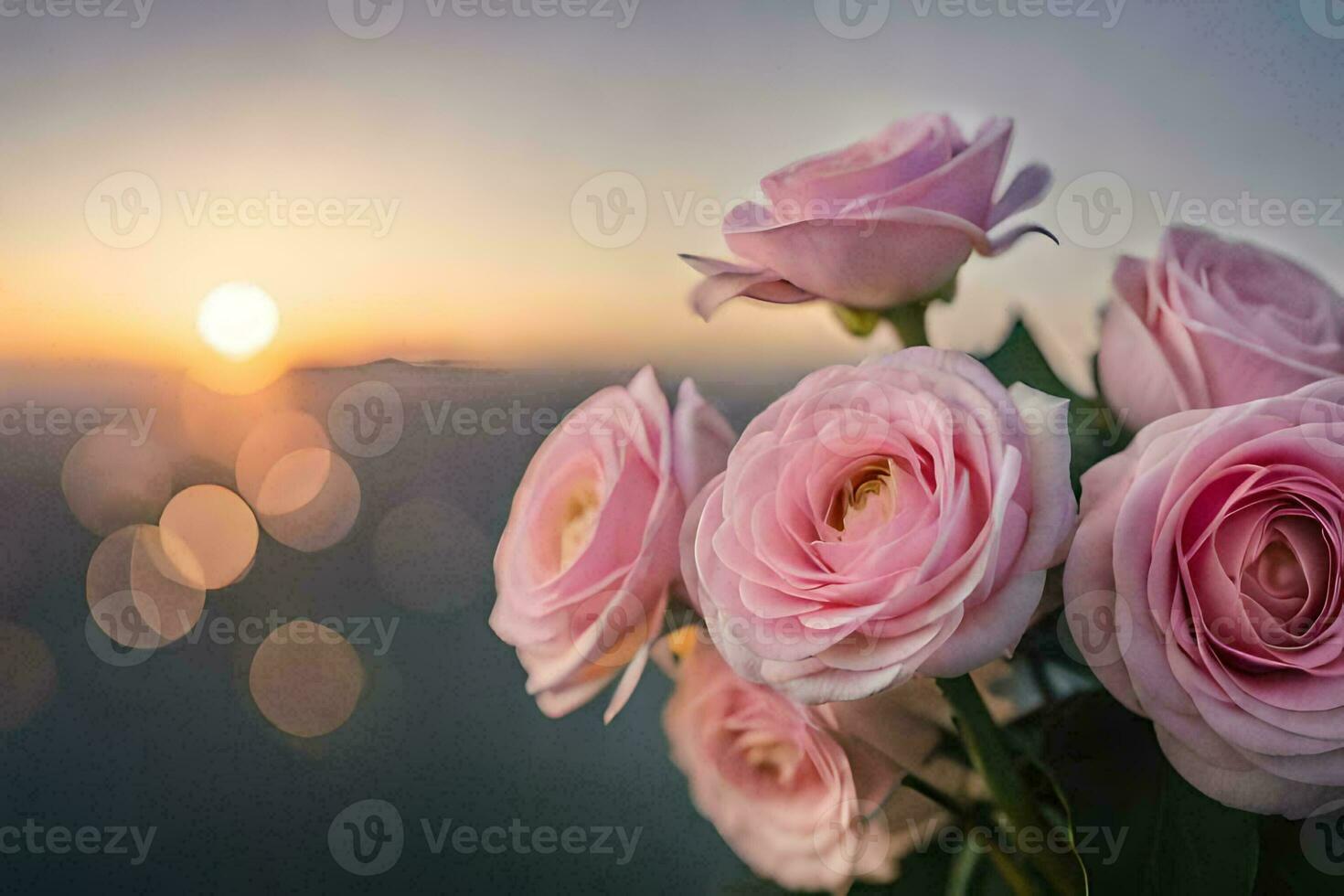 pink roses are in front of the sun. AI-Generated photo
