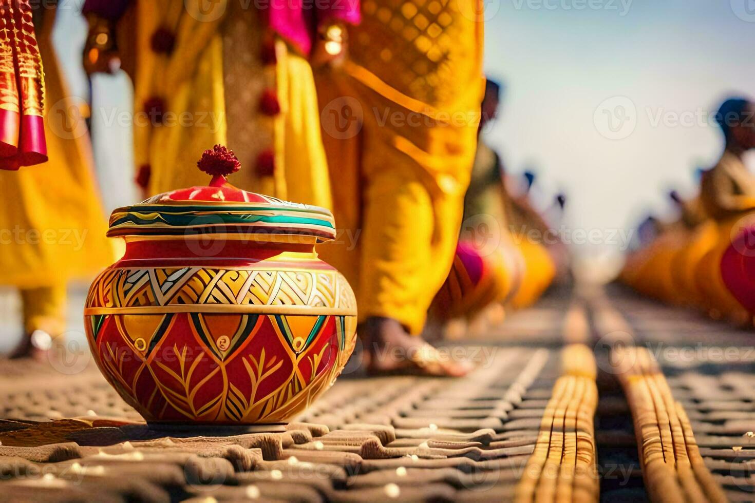 people in colorful saris are standing on a bridge. AI-Generated photo