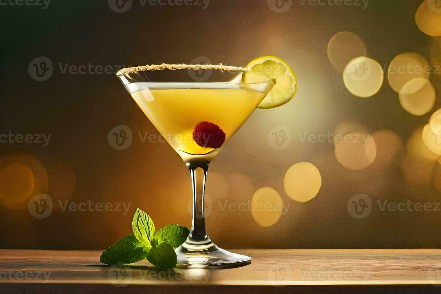 a cocktail with lemon and mint on a wooden table. AI-Generated photo