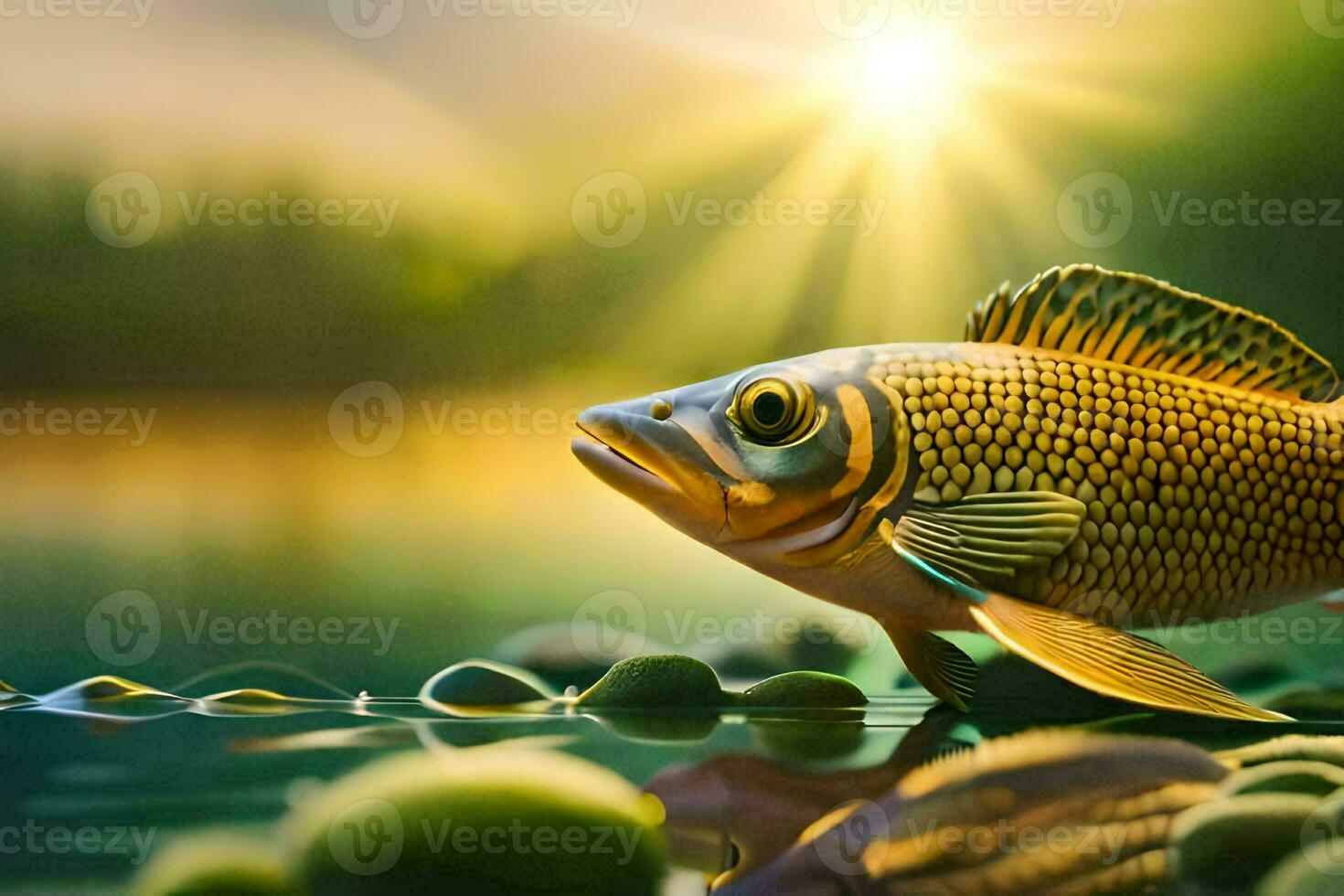 a fish is standing on the water with the sun shining. AI-Generated photo