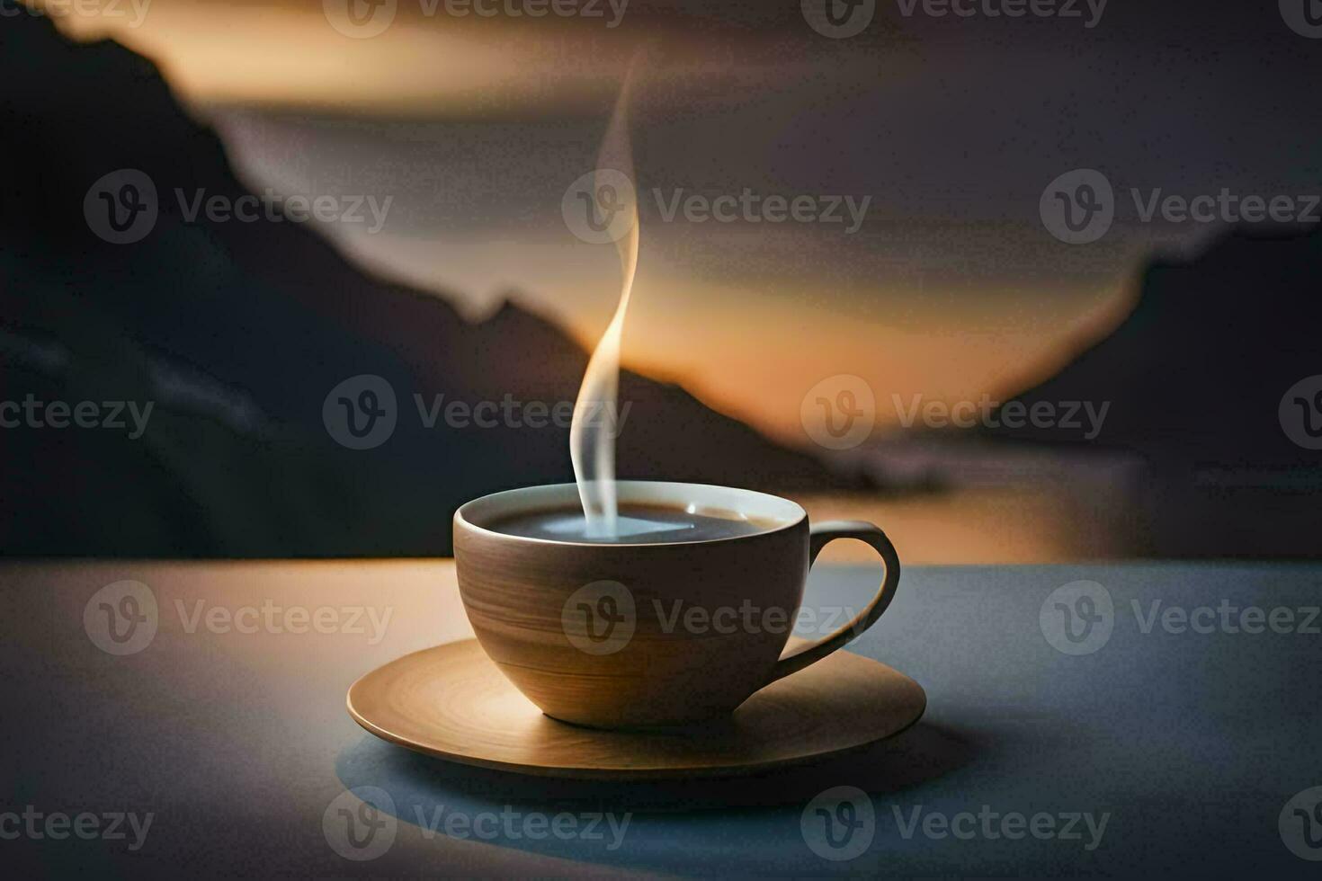 a cup of coffee on a table with a view of the mountains. AI-Generated photo