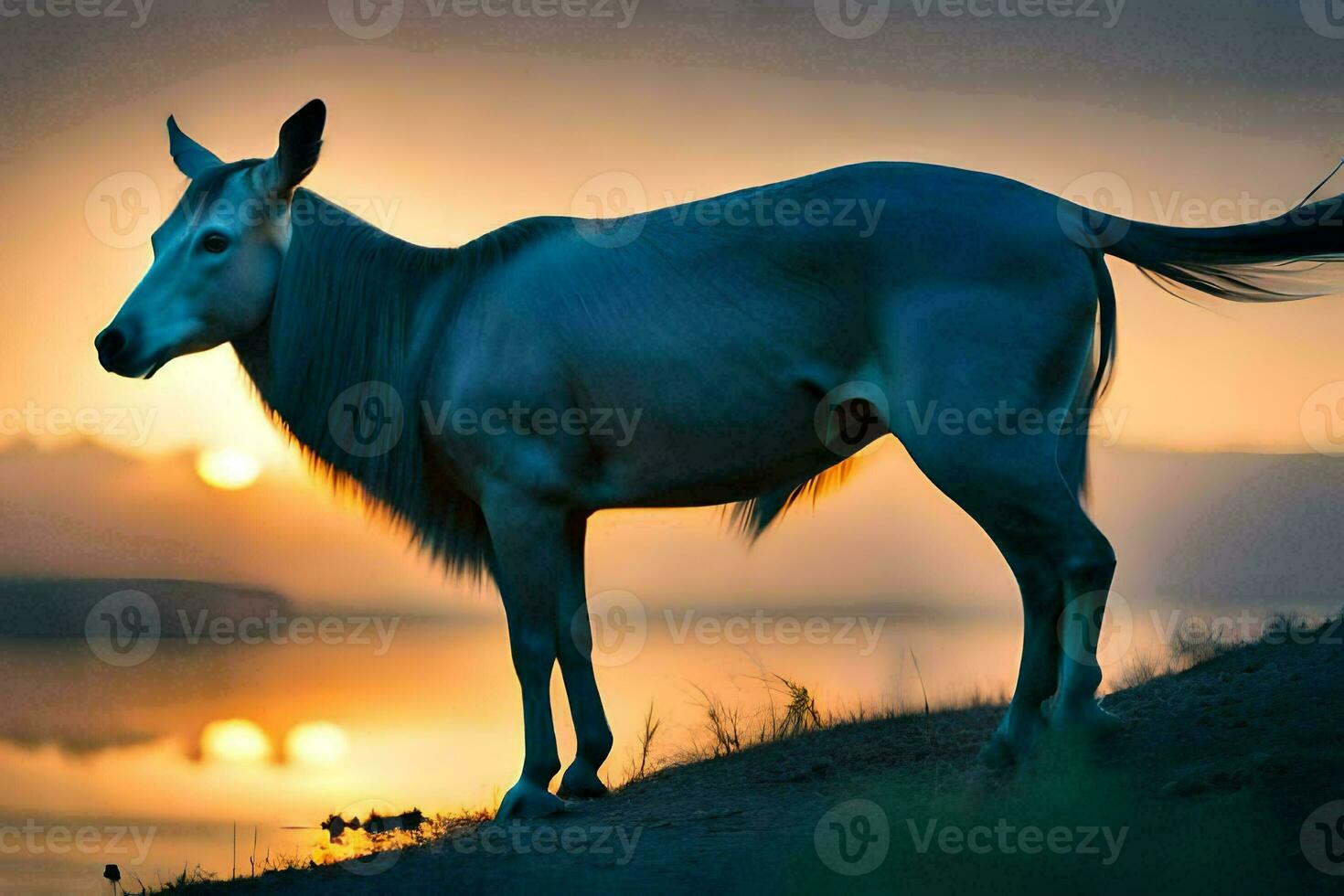 a wildebeest stands on the shore of a lake at sunset. AI-Generated photo