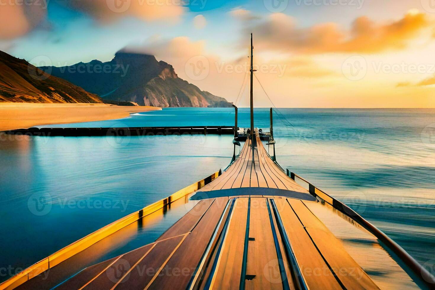 a wooden dock leads to the ocean at sunset. AI-Generated photo