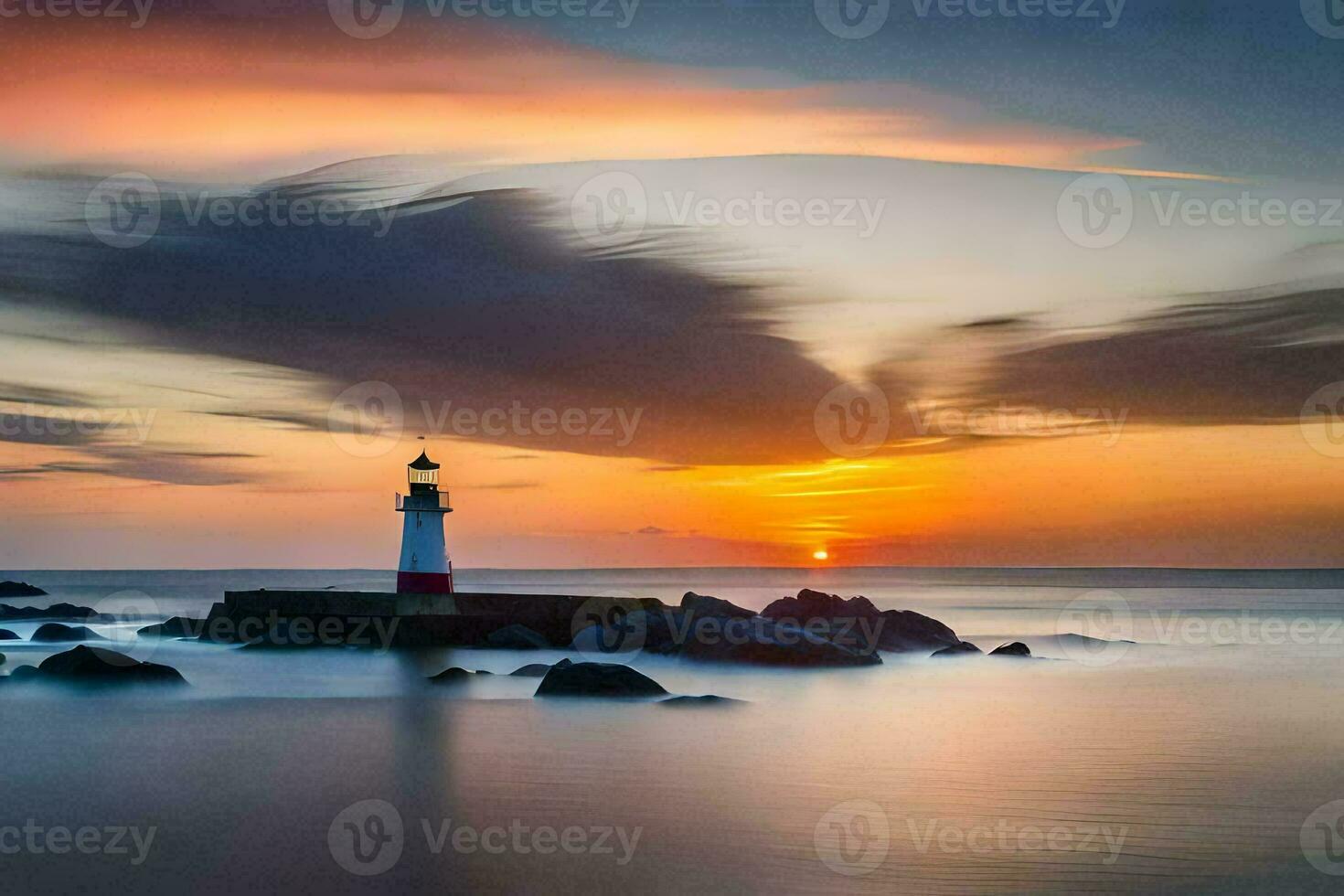 a lighthouse is seen in the sunset with a long exposure. AI-Generated photo