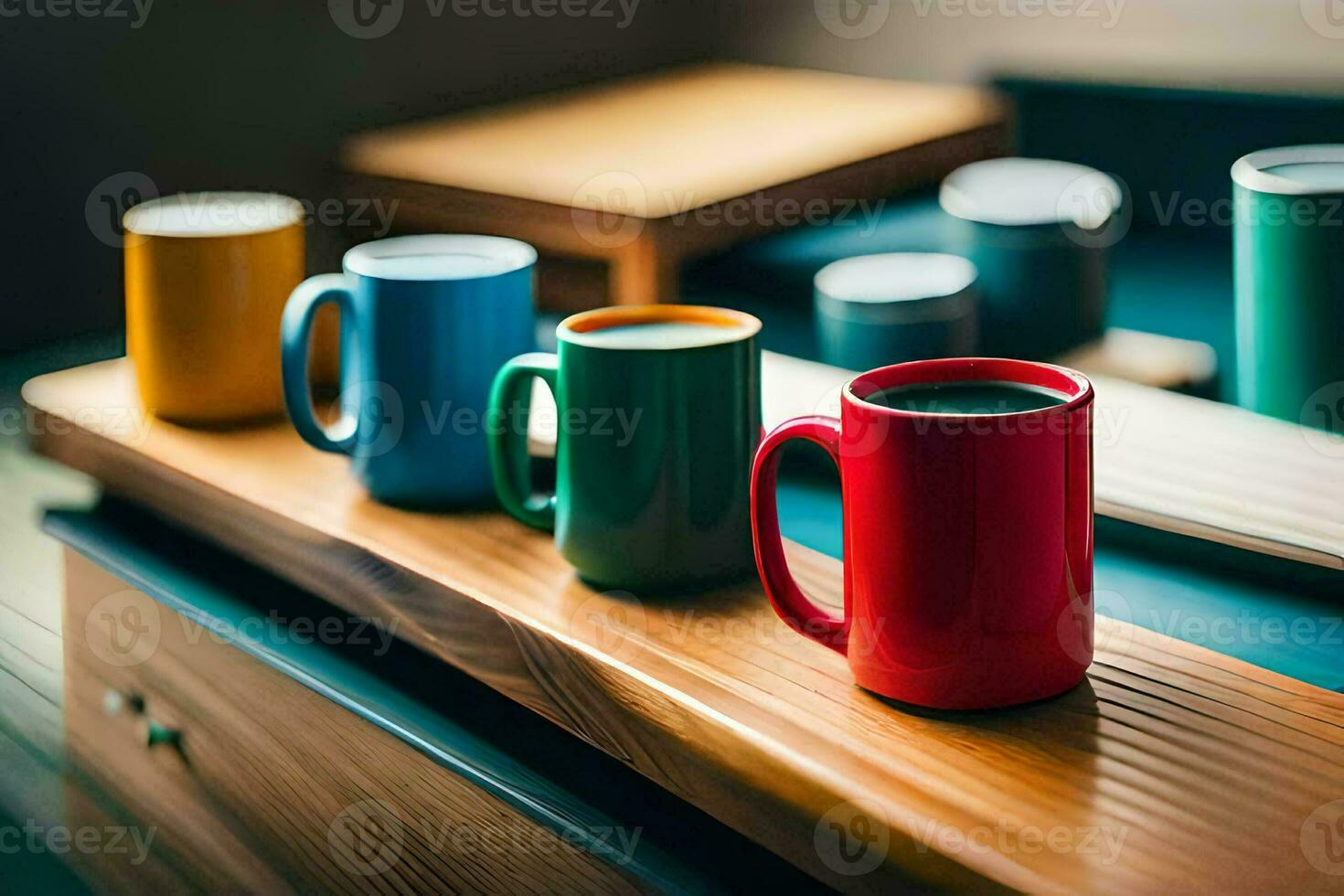 colorful coffee mugs on a wooden table. AI-Generated photo