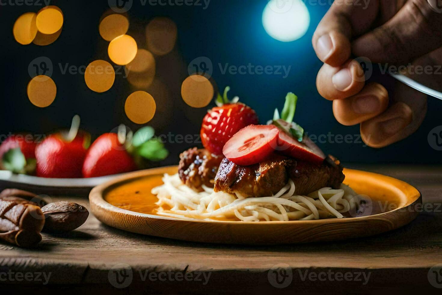 a plate of spaghetti with meat and strawberries. AI-Generated photo