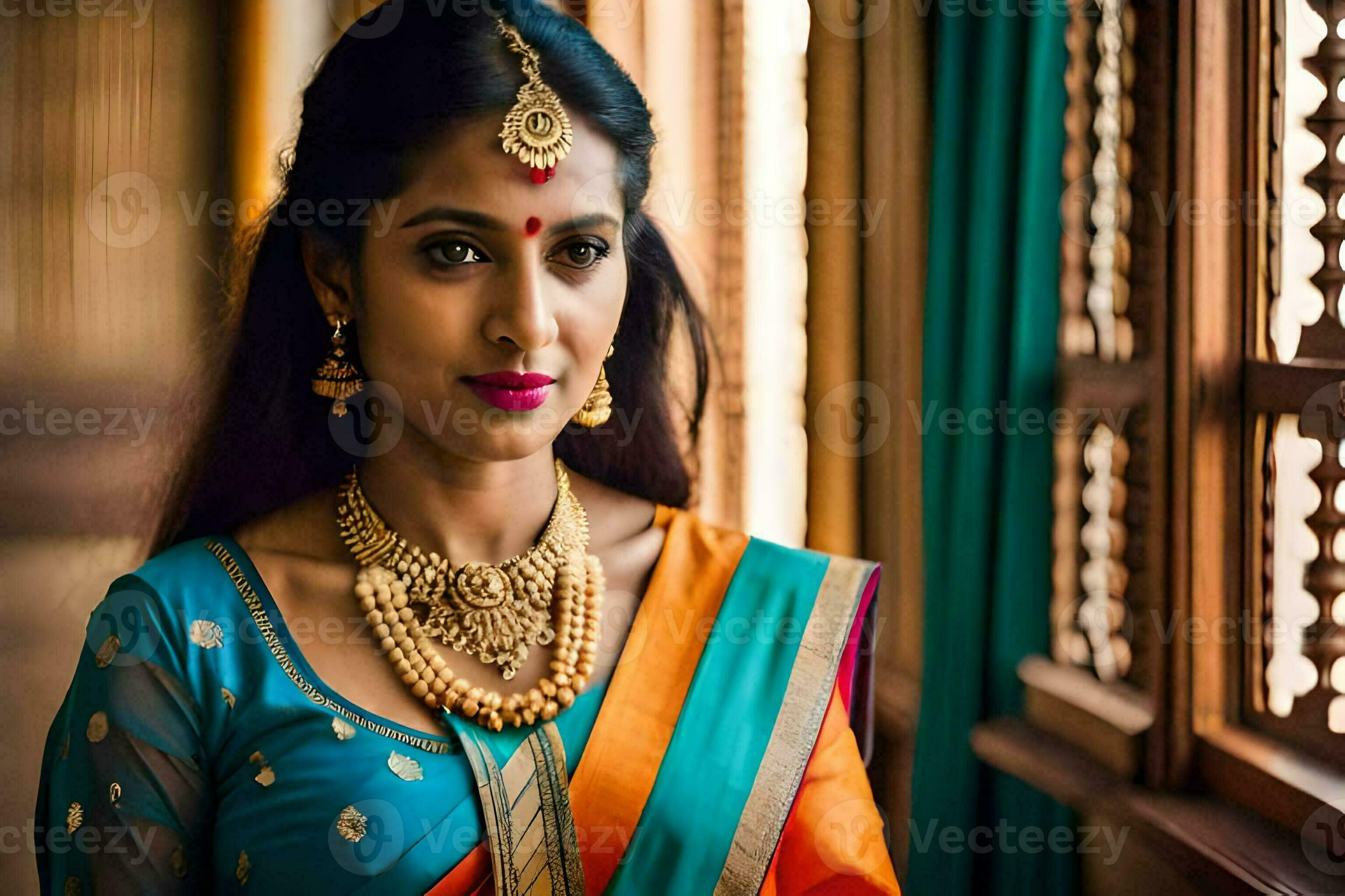 un hermosa indio mujer vistiendo un tradicional sari. generado por ai  31952466 Foto de stock en Vecteezy
