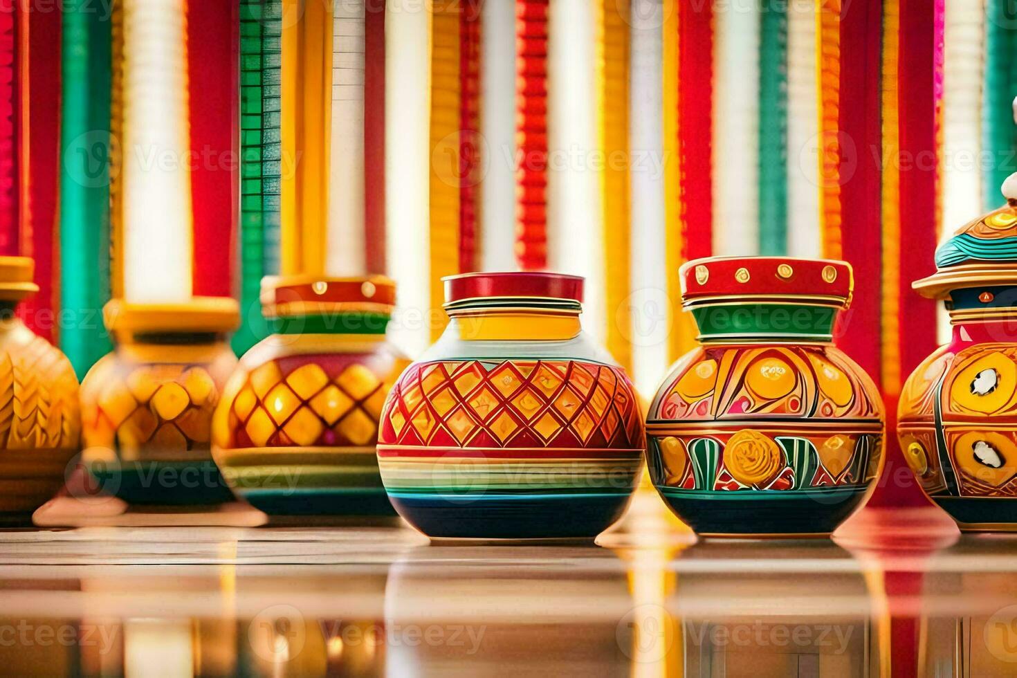 colorful vases on a table with colorful stripes. AI-Generated photo