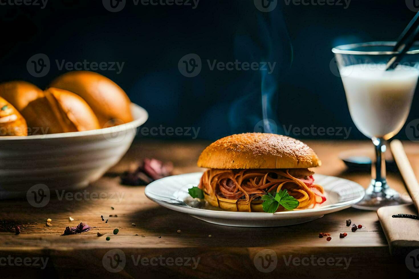 a hamburger with spaghetti on a plate next to a glass of milk. AI-Generated photo