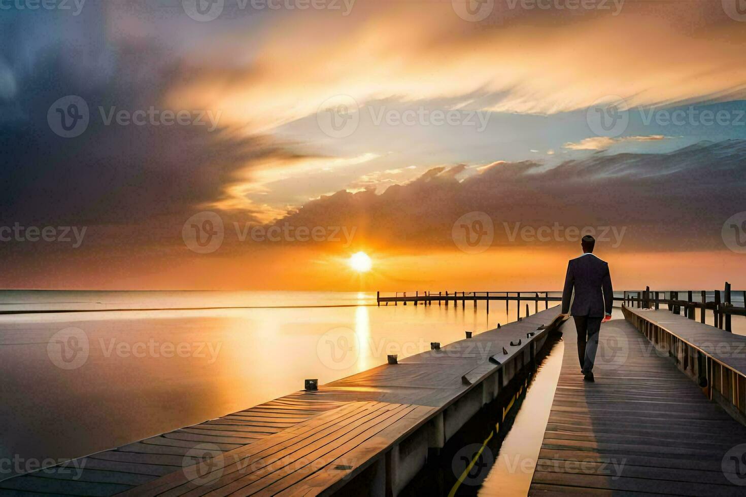 a man walks on a pier at sunset. AI-Generated photo
