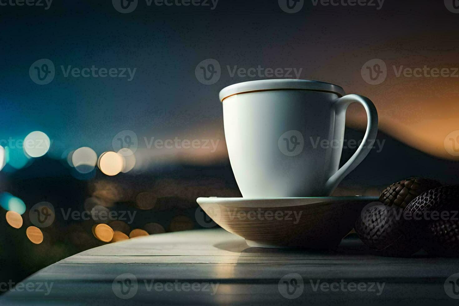 coffee cup on a wooden table with a city view. AI-Generated photo