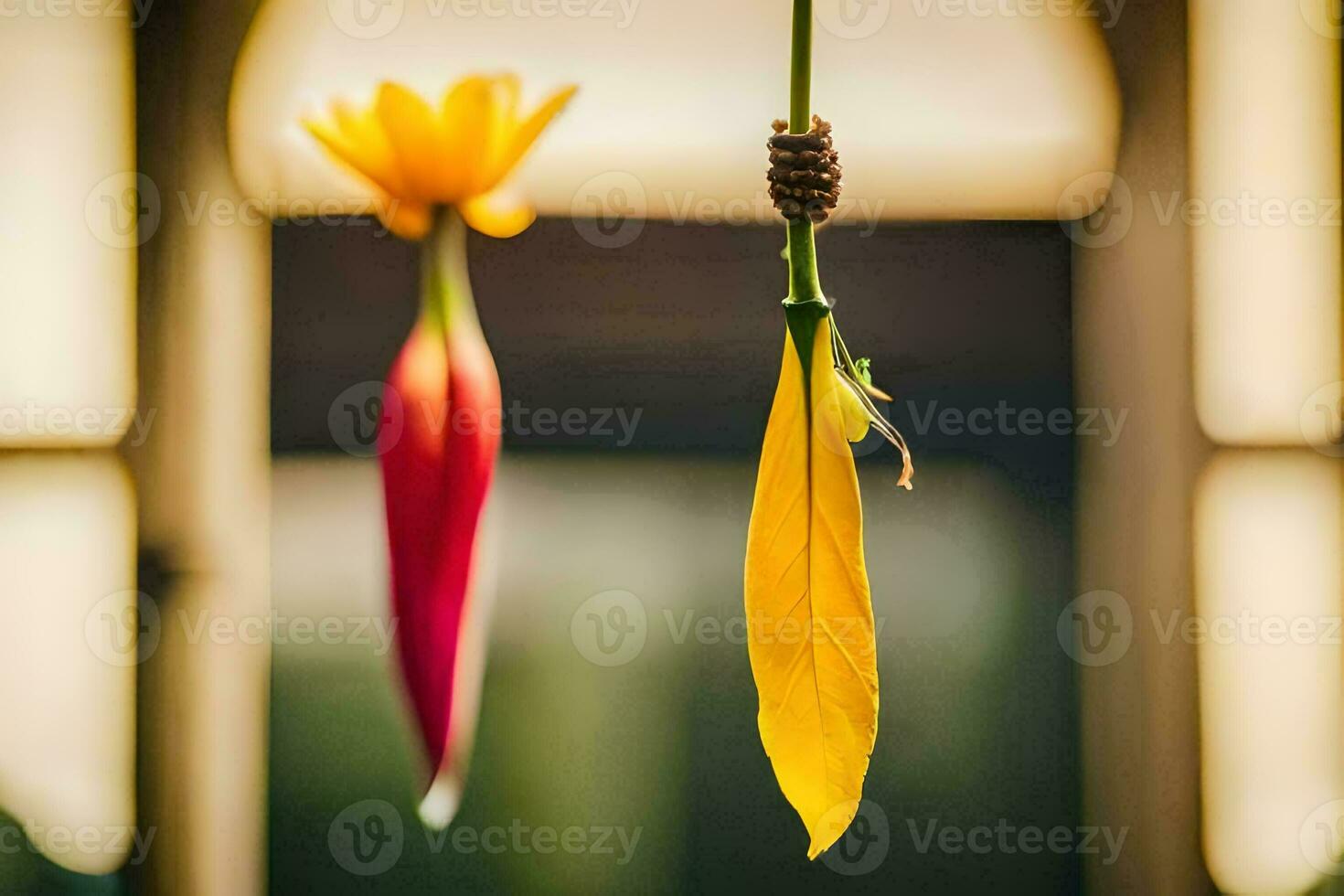 two colorful flowers hanging from a window. AI-Generated photo