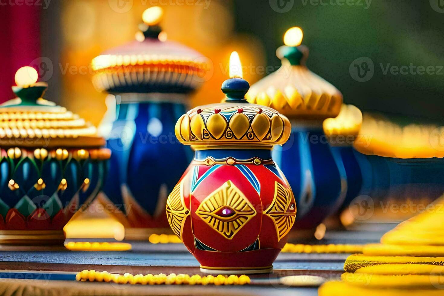 many colorful vases with candles on them. AI-Generated photo