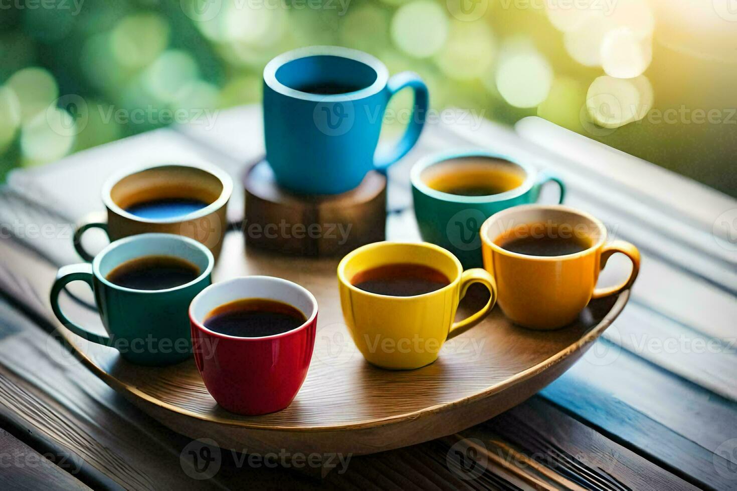 a tray of coffee cups on a wooden table. AI-Generated photo