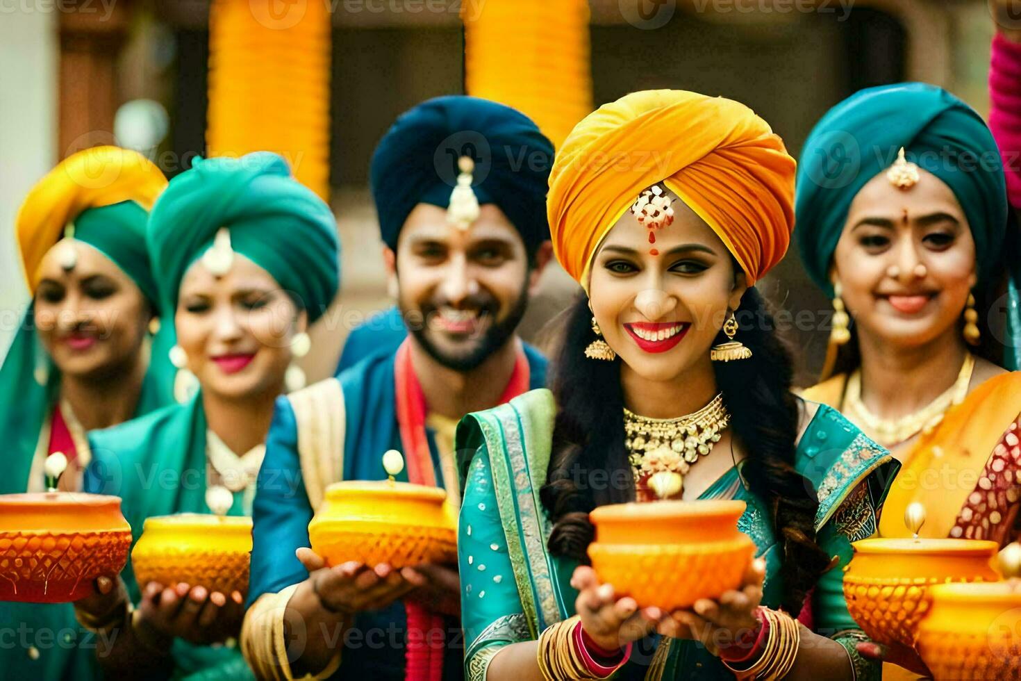indian women in colorful turbans holding bowls. AI-Generated photo