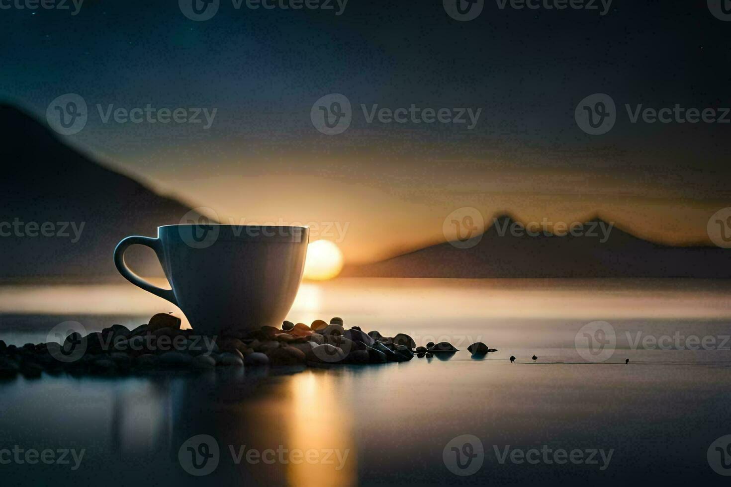 coffee cup on the rocks, mountains, sunrise, hd wallpaper. AI-Generated photo