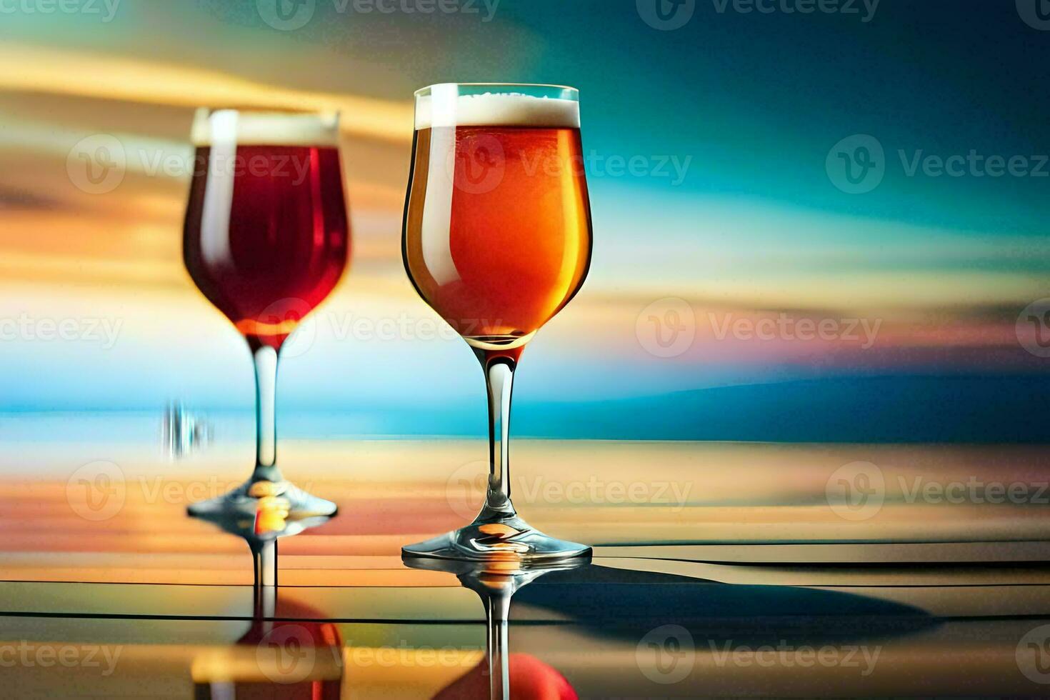 two glasses of wine on a table with a sunset in the background. AI-Generated photo